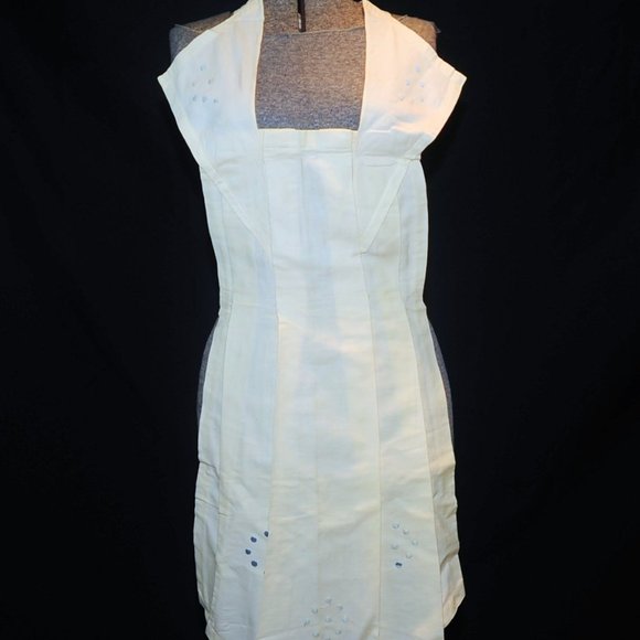 Vintage 50's Ivory Pleated Cotton Full Bib Apron Circle Embroidery Pin-On Waist - Picture 3 of 11